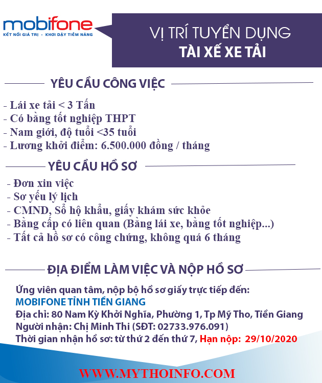MOBIFONE TINH TIEN GIANG TUYEN DUNG TAI XE XE TAI